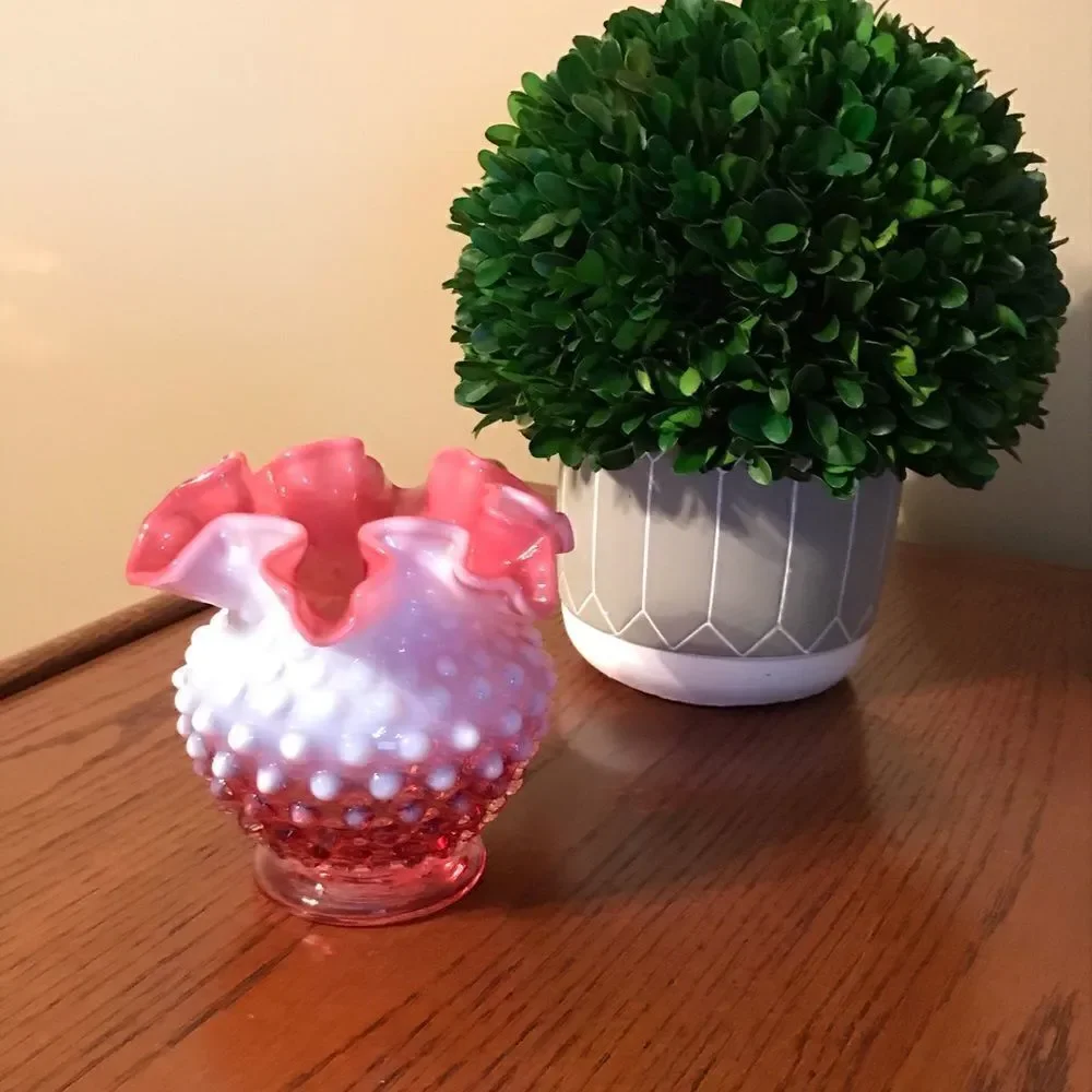 Vintage cranberry Fenton hobnail vase